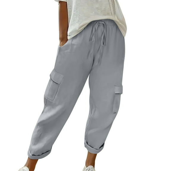 Atogsazn Women's Summer Cargo Pants Casual Elastic Waisted Drawstring Sweatpants with Pockets Gray S