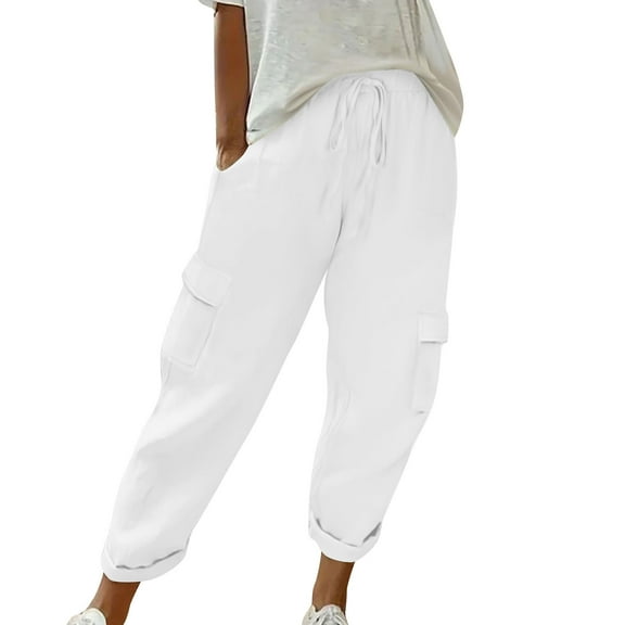 Atogsazn Women's Summer Cargo Pants Casual Elastic Waisted Drawstring Sweatpants with Pockets White S