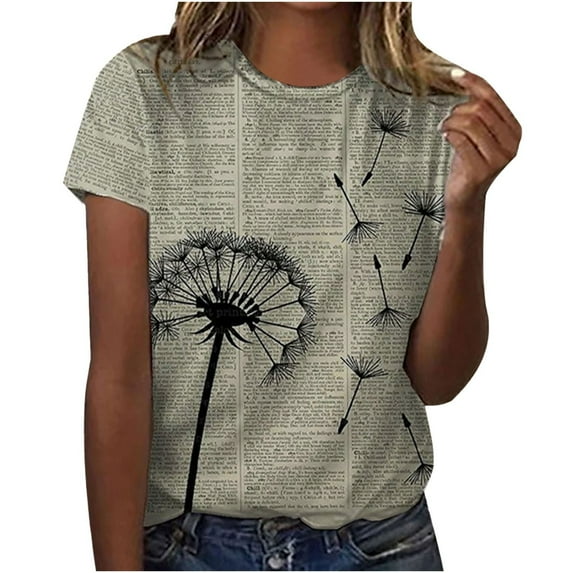 Atogsazn Women's Summer Casual Crew Neck Sleeve Short Tops Print Loose T-Shirt Beach Tee Blouse Women Tops Khaki XL on Clearance