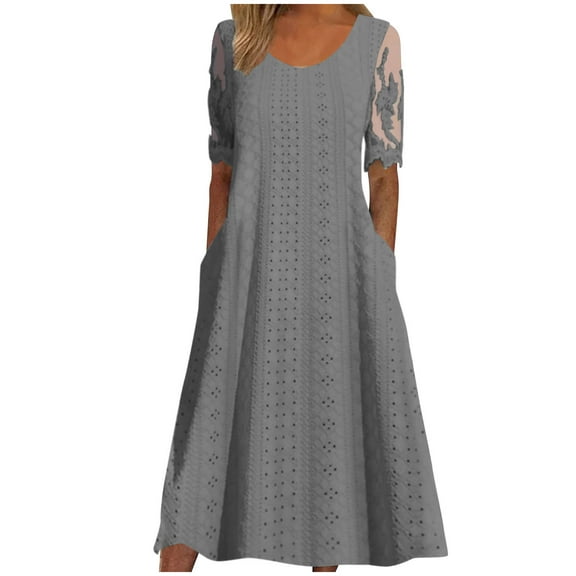 Atogsazn Women's Summer Casual Dresses Solid Color Pocket Lace Short Sleeve Round-Neck Beach Dress Midi Dresses for Women Gray L
