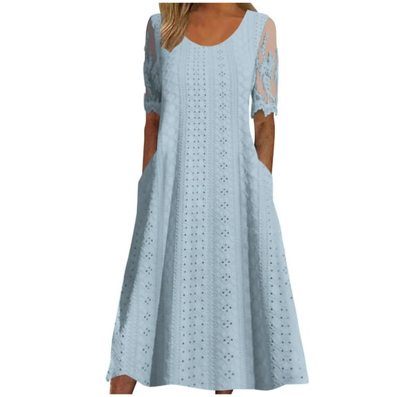 Atogsazn Women's Summer Casual Dresses Solid Color Pocket Lace Short Sleeve Round-Neck Beach Dress Midi Dresses for Women Light Blue XL