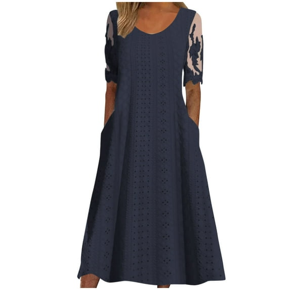 Atogsazn Women's Summer Casual Dresses Solid Color Pocket Lace Short Sleeve Round-Neck Beach Dress Midi Dresses for Women Navy S on Clearance