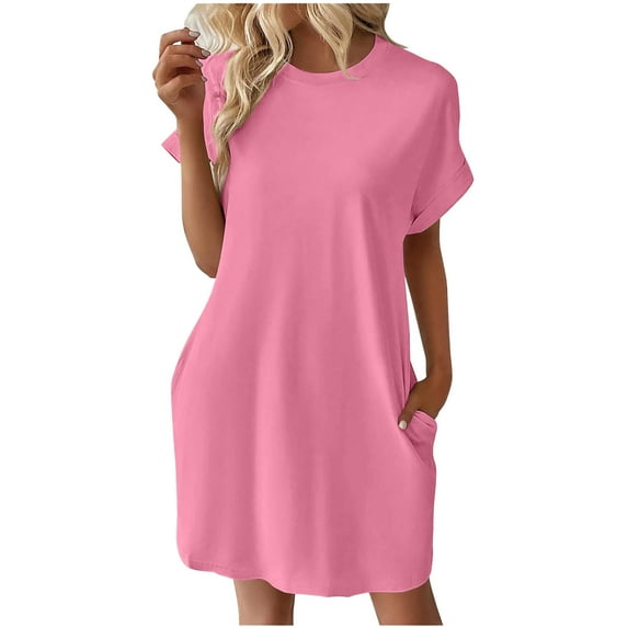 Atogsazn Women's Summer Casual T-Shirt Dresses Short Sleeve Round-Neck Solid Color Pocket Casual Dresses for Women Pink XXL on Clearance