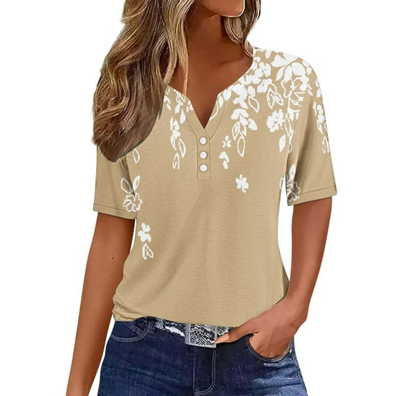 Atogsazn Women's Summer Casual V-Neck Short Sleeve Printed Round Neck Tunic Tops Ladies Plus Size Blouses Khaki XXXL