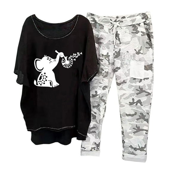 Atogsazn Women's Summer Cotton Linen Shirt Set Casual Crewneck Half Sleeve Shirt Tops + Camouflage Print Capri Pants Set Black XL