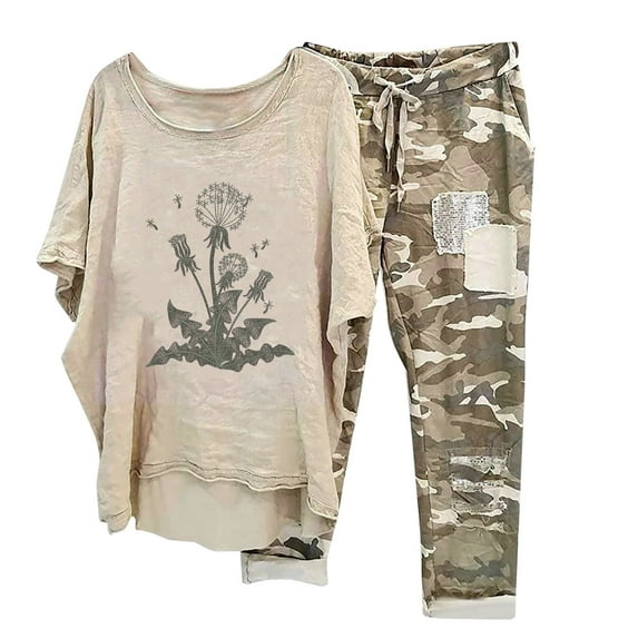 Atogsazn Women's Summer Cotton Linen T-shirt Set Casual Crewneck Half Sleeve Pullover Shirt Tops + Camouflage Pants Trousers Set Khaki S on Clearance