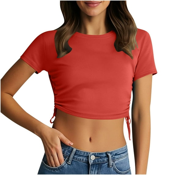 Atogsazn Women's Summer Cropped Top Casual Crewneck Short Sleeve Tee Shirt Basic Top Outfit Fashion Red XS