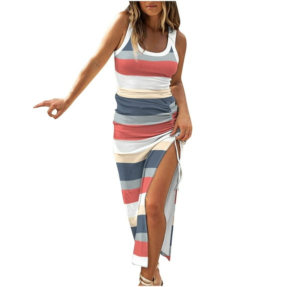 Atogsazn Women's Summer Dress 2024 Tank Side High Slit Ruched Bodycon Dress Drawstring Stripe Sprinted Long Dress Red S Clearance Sale
