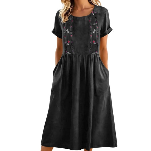 Atogsazn Women's Summer Floral Linen Dress Casual Ruffle Short Sleeve Embroidered Loose Fit Dresses Trendy Black L Fashion