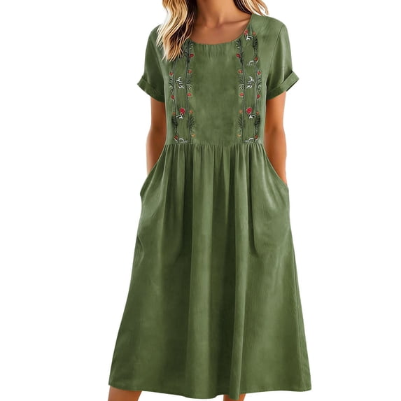 Atogsazn Women's Summer Floral Linen Dress Casual Ruffle Short Sleeve Embroidered Loose Fit Dresses Trendy Green M Fashion