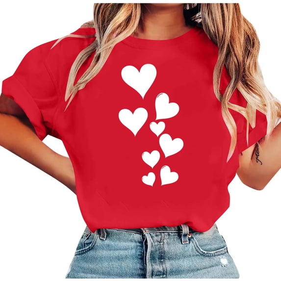 Atogsazn Women's Summer Hearts Tshirt Casual Valentine's Day Short Sleeve T-shirt Pullover Tops Outfit Clothing Wine S Fashion