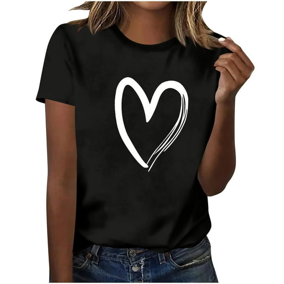 Atogsazn Women's Summer Hearts Tshirt Crewneck Short Sleeve Basic Tops Loose Fit Pullover Shirt Outfit Clothing 03-Black M Fashion