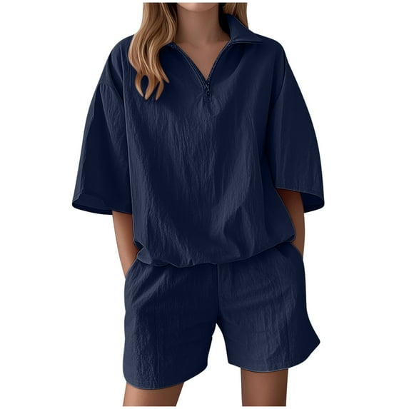 Atogsazn Women's Summer Jogger 2 Piece Set Casual Short Sleeve Zipper Tshirts Shorts Outfit Loose Clothes Fashion Navy L