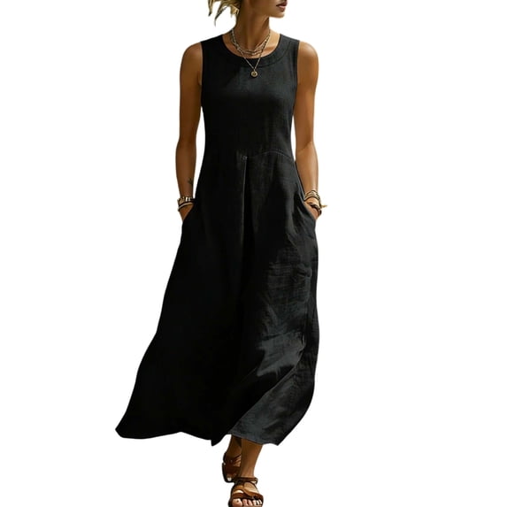 Atogsazn Women's Summer Linen Maxi Dress Casual Pleated Front Sleeveless Crew Neck Dresses Flowy Sundress Black XL Fashion