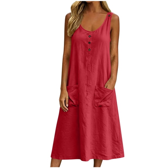 Atogsazn Women's Summer Linen Midi Dress Casual Button Sleeveless Flowy Dresses with Pocket A-Line Sundress Red XXL Fashion