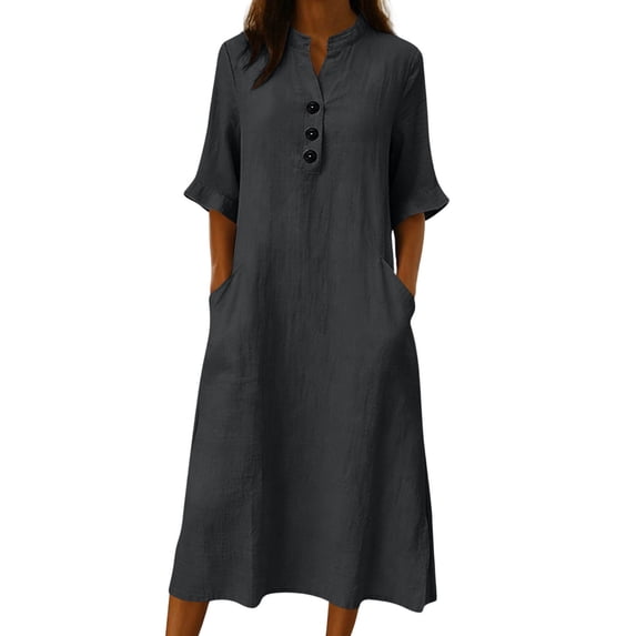 Atogsazn Women's Summer Linen Midi Dress Loose Button Short Sleeve Crew Neck Sundress Flowy Casual Dresses Dark Gray L Fashion