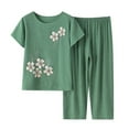 thumbnail image 1 of Atogsazn Women's Summer Linen Pajama Set Printed Round Neck Short Sleeve Loungwear and Wide-Leg Capris 2 Piece Sets Green XL on Clearance, 1 of 9
