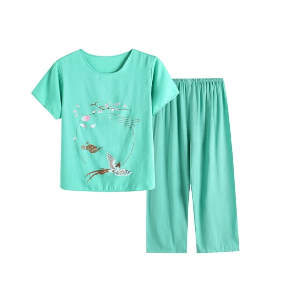 Atogsazn Women's Summer Linen Pajama Set Printed Round Neck Short Sleeve Loungwear and Wide-Leg Capris 2 Piece Sets Mint Green XXXL