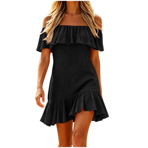 Atogsazn Women's Summer Off Shoulder Mini Dress Double Ruffle Short Sleeve Slim Fit Flared Hem Dresses A-Line Sundress Black S Fashion