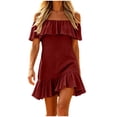thumbnail image 1 of Atogsazn Women's Summer Off Shoulder Mini Dress Double Ruffle Short Sleeve Slim Fit Flared Hem Dresses A-Line Sundress Wine XXL Fashion, 1 of 6