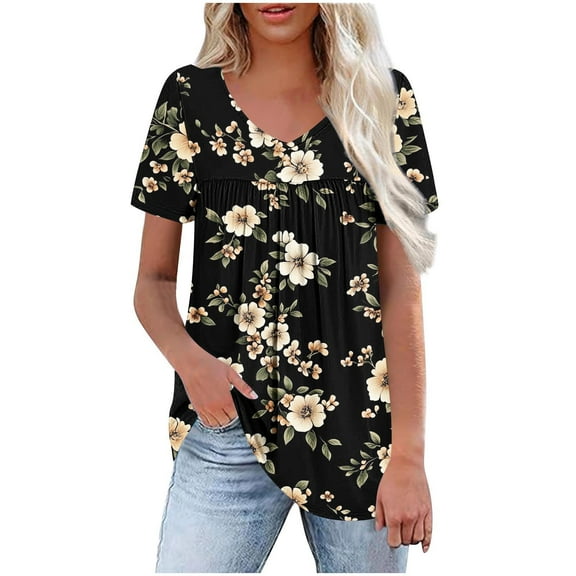 Atogsazn Women's Summer Shirts Casual Floral Ruffle Short Sleeve Tshirt Flowy Tunic Top for Women Pleated Blouse Black XXL