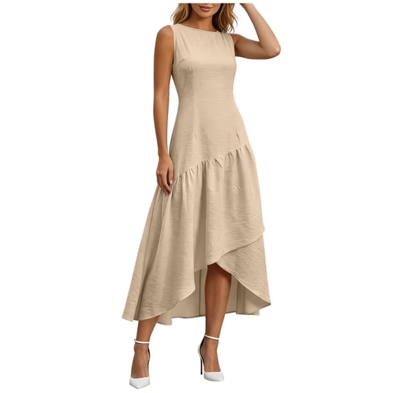Atogsazn Women's Summer Sleeveless Maxi Dress Flowy Crew Neck Fitted Waist Asymmetric Ruffle Hem Dresses Khaki XXL Fashion
