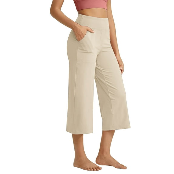 Atogsazn Women's Summer Wide Leg Capris High Waist Yoga Loose Cropped Pants Casual Pant with Pocket 01-Khaki XL