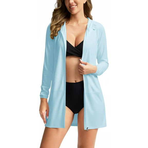 Atogsazn Women's Swim Cover Up Sun Protection Hoodie Long Jackets Lightweight Beach Cover Ups for Women Light Blue S