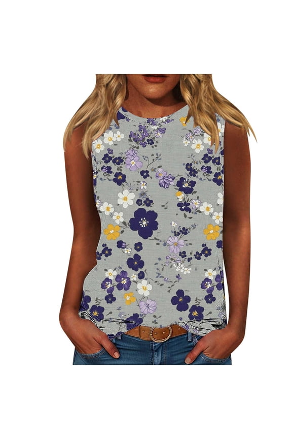 Women's Tank Tops Crew Neck Sleeveless Tops Floral Solid Summer Shirts Casual Loose Flowy Tunic Blouses Gray XXXL