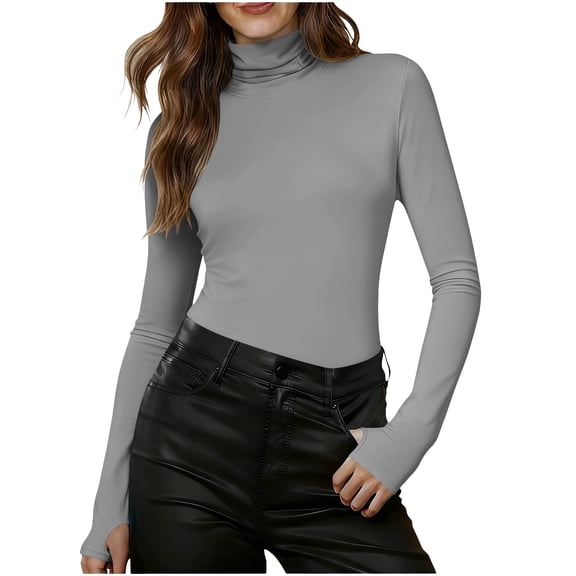 Atogsazn Women's Turtleneck Shirts Casual Long Sleeve Slim Fit Thermal Underwear Knitted Sweater Blouse Tops Gray S Fashion