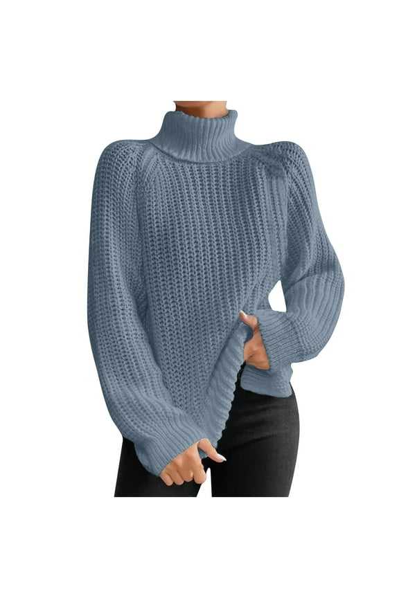 Women's Turtleneck Sweaters Slouchy Knit Chunky Sweater Fall Winter Fashion Long Sleeve Pullover Clothing Light Blue L