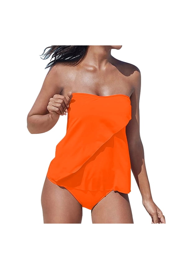 Women's Two Piece Set Strapless Tankini Sets Adjustable Straps Push Up Beach Swimsuit Ruffled Bathing Suits B-Orange S