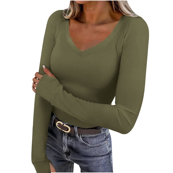 Atogsazn Women's V Neck Blouse Casual Ribbed Knit Thermal Underwear Tunic Tops Pullover Sweater Clothing 01-Army Green L Fashion