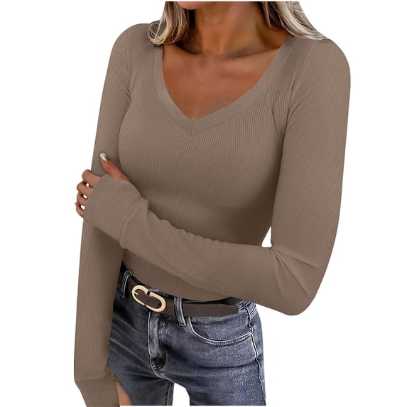 Atogsazn Women's V Neck Blouse Casual Ribbed Knit Thermal Underwear Tunic Tops Pullover Sweater Clothing 01-Brown XXL Fashion