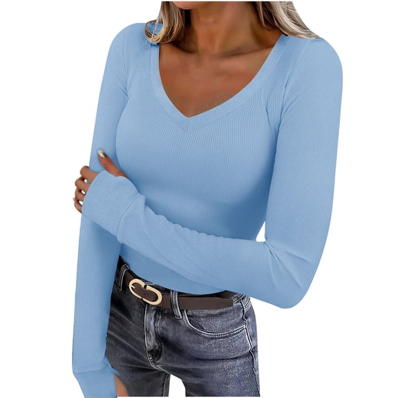 Atogsazn Women's V Neck Blouse Casual Ribbed Knit Thermal Underwear Tunic Tops Pullover Sweater Clothing 01-Light Blue S Fashion