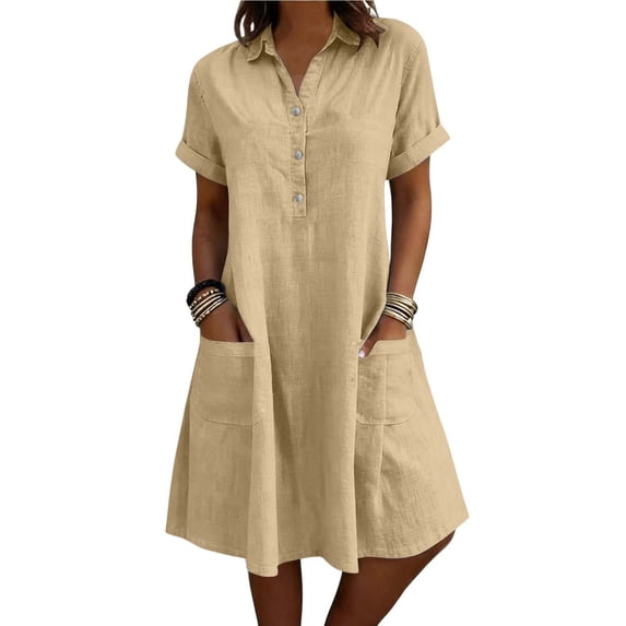 Atogsazn Women's V Neck Button Linen Dress Casual Short Sleeve Shirts Dresses Flowy Loose A-Line Sundress Khaki M Fashion