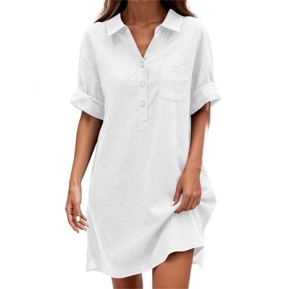 Atogsazn Women's V Neck Button Linen Dress Casual Short Sleeve Shirts Dresses Flowy Loose A-Line Sundress White L Fashion