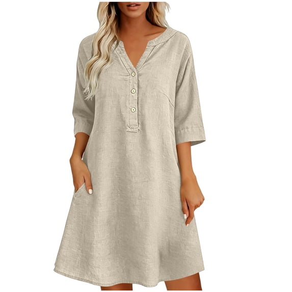 Atogsazn Women's V Neck Linen Midi Dress Flowy Short Sleeve Button Rolled Dresses A-Line Sundress Summer Khaki L Fashion