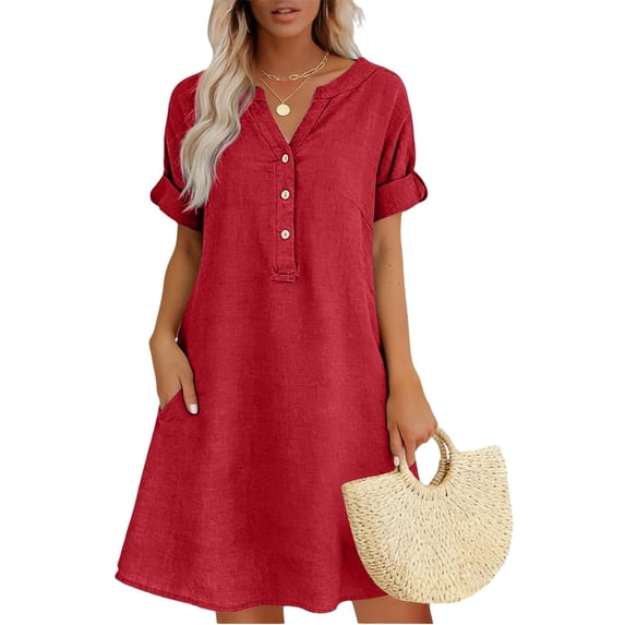 Atogsazn Women's V Neck Linen Midi Dress Flowy Short Sleeve Button Rolled Dresses A-Line Sundress Summer Red S Fashion