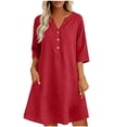 thumbnail image 1 of Atogsazn Women's V Neck Linen Midi Dress Flowy Short Sleeve Button Rolled Dresses A-Line Sundress Summer Red XXL Fashion, 1 of 5