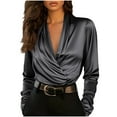 thumbnail image 1 of Atogsazn Women's V Neck Satin Silk Shirt Dressy Casual Long Sleeve Blouse Bussiness Work Tops Outfit Gray M Fashion, 1 of 6