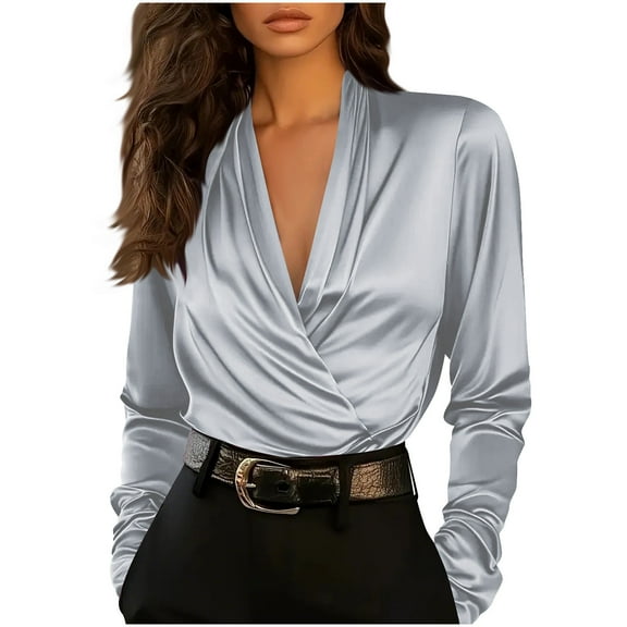 Atogsazn Women's V Neck Satin Silk Shirt Dressy Casual Long Sleeve Blouse Bussiness Work Tops Outfit Silver M Fashion