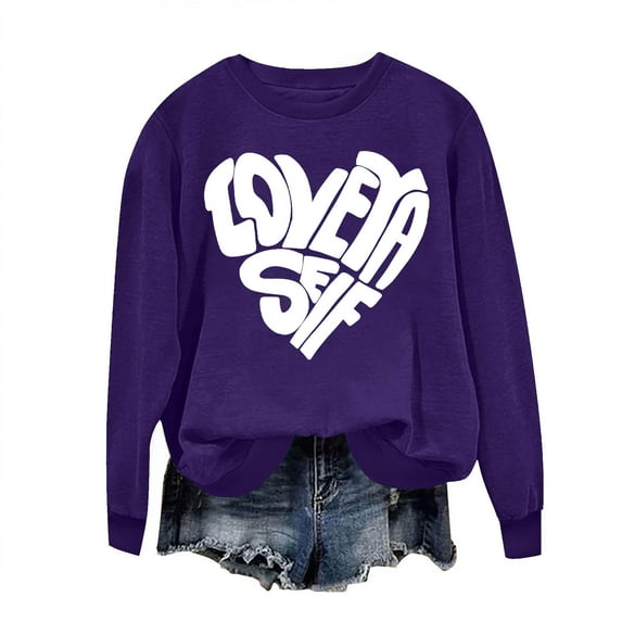 Atogsazn Women's Valentine's Day Sweatshirt Casual Loose Long Sleeve Pullover Sweatshirts Fashion Clothes 04-Purple S