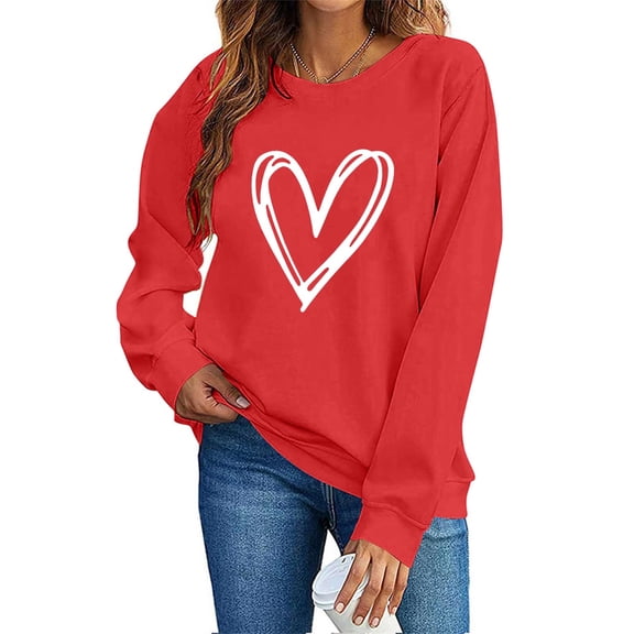 Atogsazn Women's Valentine's Day Sweatshirts Casual Cute Heart Long Sleeve Pullover Sweatshirt Blouse Fall Tops 10-Red L Fashion