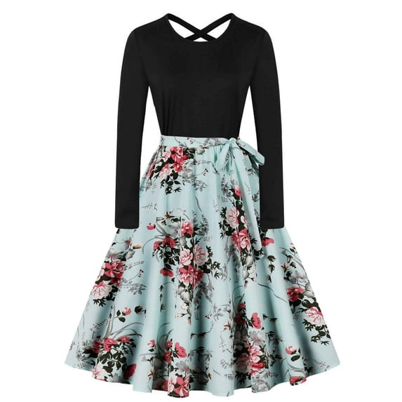 Atogsazn Women's Vintage Floral Lace Flared A-Line Casual Party Dresses Long Sleeve Dress for Women Fashion Light Blue L