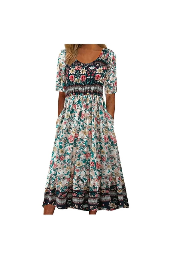 Women's Vintage Floral Print Dress Casual Round Neck Printing Short Sleeve Pockets Dress Midi Summer Dresses for Women Blue XXL