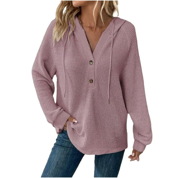 Atogsazn Women's Waffle Knit Hoodies Casual Long Sleeve Pullover Sweatshirt Button V Neck Tops Outfit Clothes Pink XXL Fashion