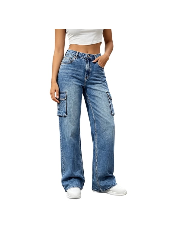 Women's Wide Leg Cargo Denim Pants Casual Loose Fit Drawstring Jeans Trouser with Pocket Sky Blue M Fashion