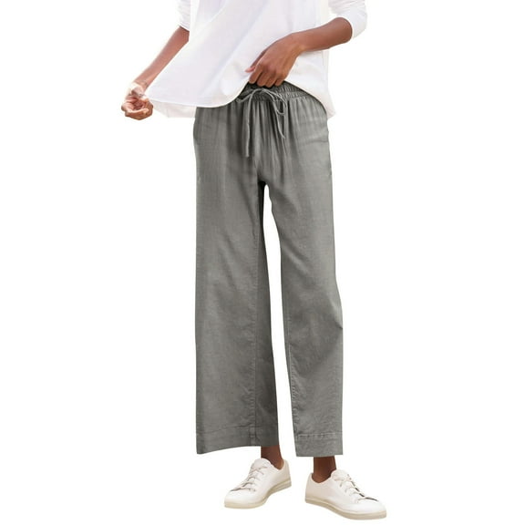 Atogsazn Women's Wide Leg Linen Pant Casual Loose Lightweight Pants Drawstring Fashion Trouser with Pockets Gray M