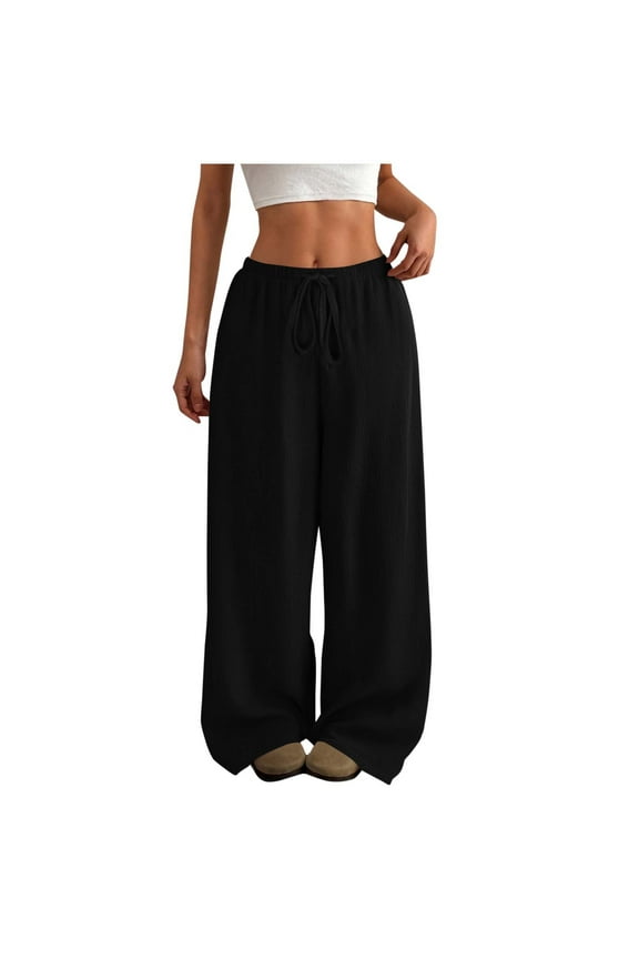 Women's Wide Leg Sweatpant Casual Athletic Loose Drawstring Pants Lightweight Gym Trouser with Pocket Black L
